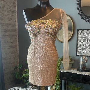 Party Time Formals One-Shoulder Sequin Dress in Cream